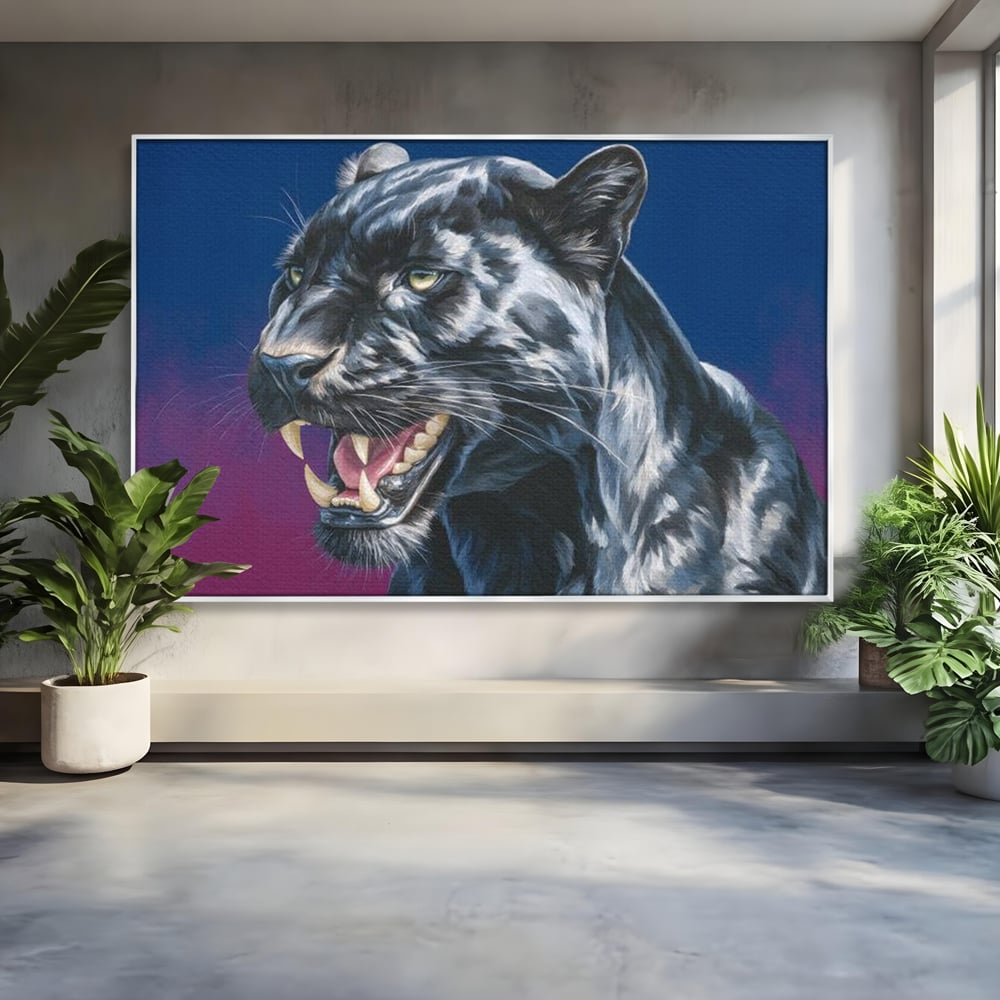 Tablou canvas cu tablou canvas cu pantera neagra, in rama de aluminiu argintiu